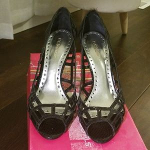 BCBGirls Black Python Peeptoe Heels, Size 8.5 M